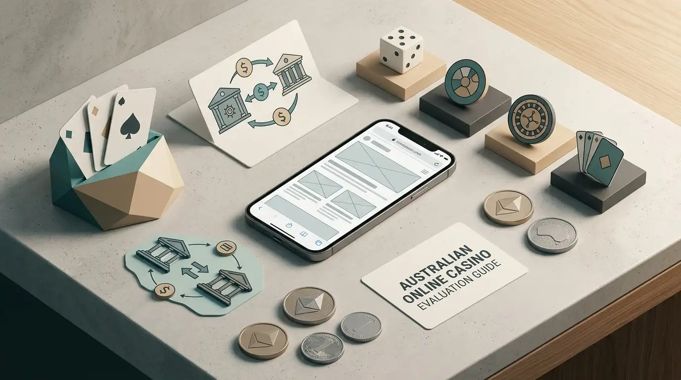Editorial illustration of Australian casino evaluation using generic payment, mobile and game symbols